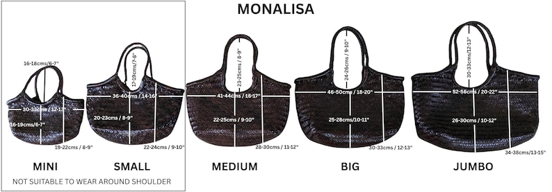 May include: Image shows four sizes of black tote bags labeled Mini, Small, Medium, Big, and Jumbo. Each bag has dimensions in centimeters and inches. The bags have handles and a woven texture. The text "MONALISA" is at the top.