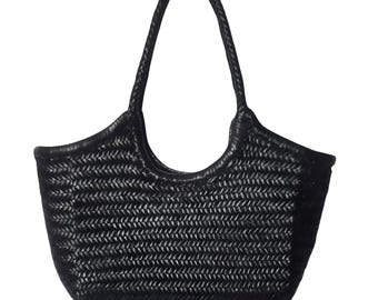 Handwoven Genuine Leather Ladies Hobo Bag - MONALISA - BLACK