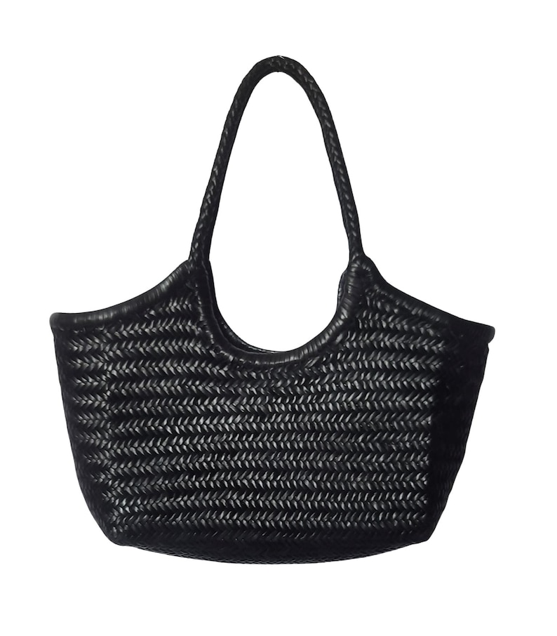 May include: Black woven tote bag with a braided handle. The bag has a rounded top and a woven pattern throughout the body. The handle is also braided and attached to the bag's sides. The bag is made of a durable material.