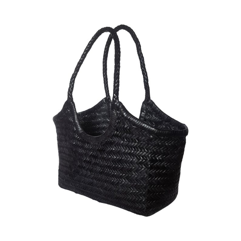 May include: A black woven tote bag with two braided handles. The bag has a rectangular shape with a wide opening and a textured, basket-weave pattern. The handles are attached to the sides of the bag.