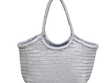 ALTICA MONALISA - Handwoven Genuine Leather Ladies Hobo Bag - Metallic Silver