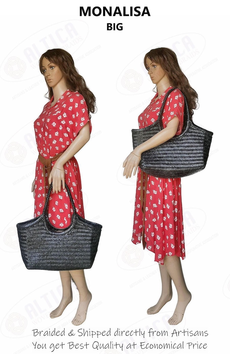 May include: Two mannequins display a large, black woven tote bag. The bag has a rectangular shape with a woven pattern and two handles. The mannequins are wearing red dresses with white floral patterns. The text "MONALISA BIG" is at the top.