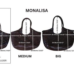 May include: A diagram of four black tote bags labeled Mini, Small, Medium, Big, and Jumbo. Each bag has measurements in centimeters and inches. The bags are labeled "Monalisa" at the top.