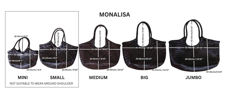 May include: A diagram of four black tote bags labeled Mini, Small, Medium, Big, and Jumbo. Each bag has measurements in centimeters and inches. The bags are labeled "Monalisa" at the top.