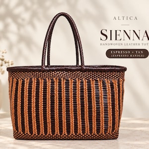 SIENNA | Handvävd tygväska i läder | ESPRESSO + TAN (Espressohandtag)