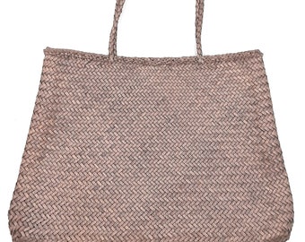 ALTICA Genuine Leather Hand Woven Triangular Shape Bamboo Style Ladies Tote Bag (BARBIE) - Light Grey