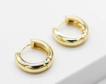 Pequeños aros de oro de 14k, acabado clásico pulido con acabado brillante de 24k pendientes de aro pequeño rellenos de oro, pendientes huggie hipoalergénicos