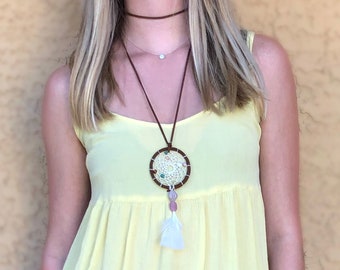 Brown Dreamcatcher Handmade Necklace, Woven Boho Accessories, Jewelry Hippie Rave Gift Ideas