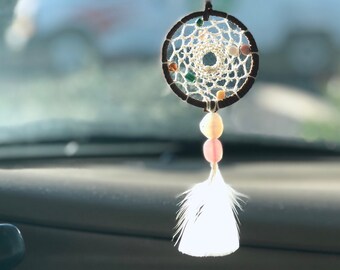 Brown Mini Car Dreamcatcher: Boho Rear View Mirror Hanging, Home Decor Woven Gifts