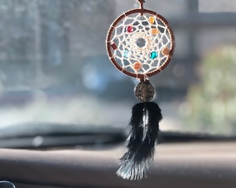 Black Feather Mini Dreamcatcher for Car: Rear View Mirror Boho Decor, Woven Home Gifts