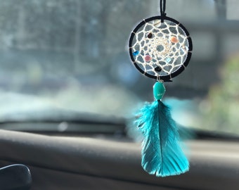 Blue Mini Car Dreamcatcher: Rear View Mirror Hanging, Boho Decor & Gifts