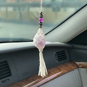 Raw Crystal Car Charm-Macrame Crystal Car Hanger-Natural Stone Car Accessories-Amethyst Wrapped Rear View Mirror Car Decor Protection Gift