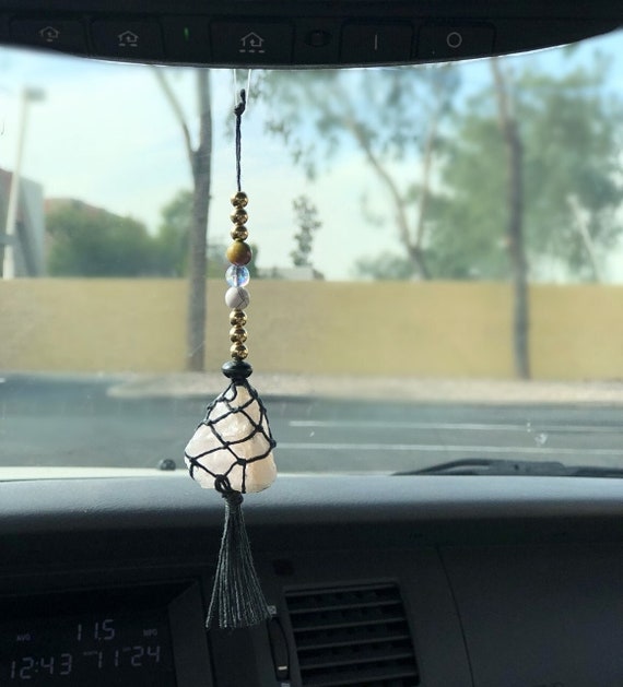 Raw Crystal Car Charm macrame Crystal Car Hanger natural Stone Accessories rose Quartz Wrapped Rear View Mirror Car Decor Protection Gift Etsy