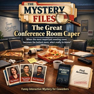 May include: A board game titled The Mystery Files: The Great Conference Room Caper featuring a magnifying glass, pizza boxes, coffee cups, and character cards for The Intern, The Catering Manager, and The IT Specialist, plus a Ringmaster Guide phone app.