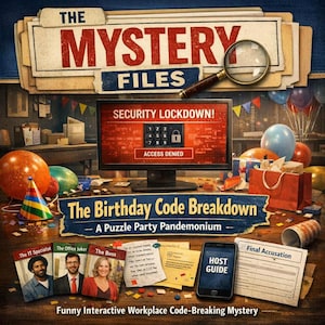 May include: The Mystery Files: The Birthday Code Breakdown game box art features a computer monitor displaying a security lockdown screen, a magnifying glass, colorful balloons, party hats, and game materials including character cards, a host guide, and a final accusation sheet.