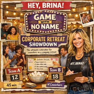 Op de afbeelding: Een bordspel getiteld Game With No Name Corporate Retreat Showdown met een marquee-bord, een kom met ijsbreker-vraagkaarten en scoreborden voor Team A en Team B. Een vrouw in een zwart leren jack houdt een klembord vast.