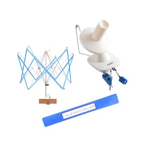May include: A white yarn winder and a blue and silver yarn swift are displayed on a white background. A blue case with the text "Craft SKEIN HOLDER" is also included. The yarn swift is made of blue metal and wood.