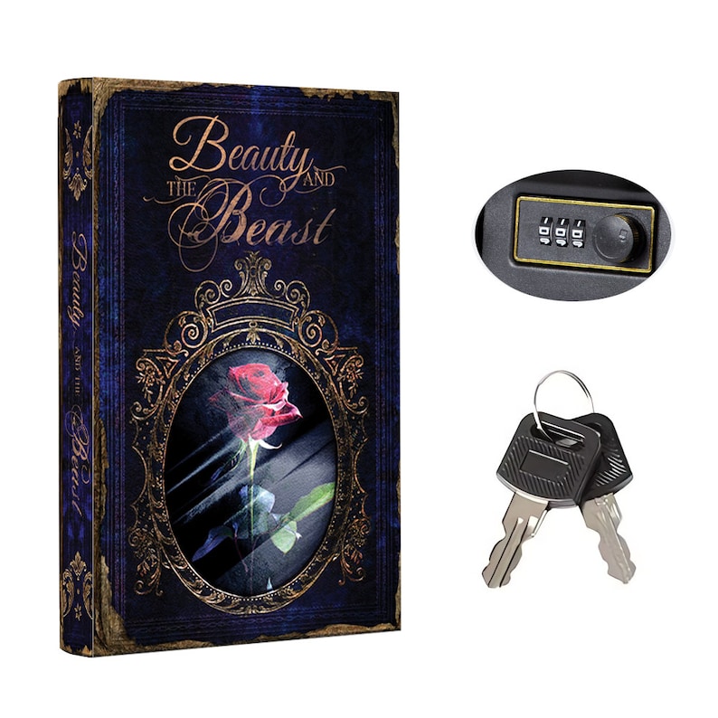 May include: A rectangular book-shaped safe with a dark blue cover featuring gold ornate borders and the text Beauty and the Beast. The front displays a red rose inside an oval frame. Includes a three-digit combination lock and two metal keys.