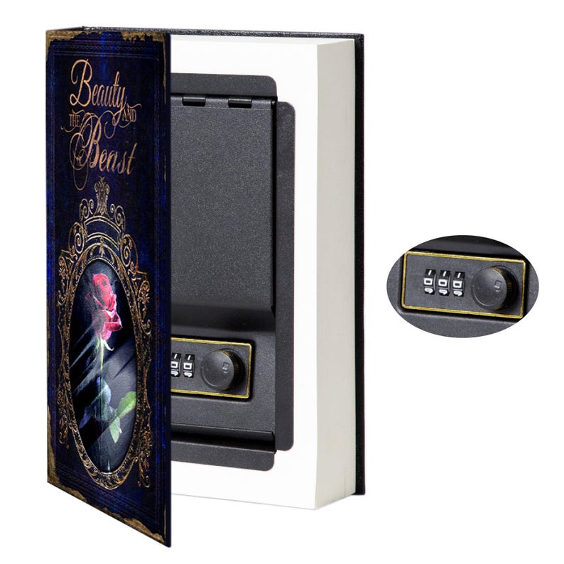 May include: A book-shaped safe with a dark blue cover featuring the text Beauty and the Beast and a rose illustration. The interior is a black metal compartment with a three-digit combination lock mechanism, also shown in a separate circular inset.