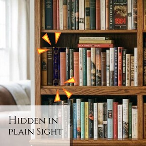 May include: A wooden bookshelf filled with various hardcover and paperback books arranged on three shelves. One specific blue book is highlighted with orange triangular markers and features the text Beauty and the Beast on its spine.