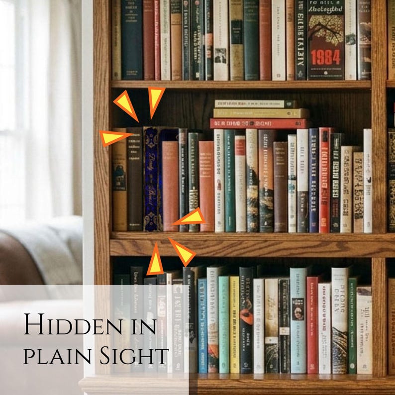 May include: A wooden bookshelf filled with various hardcover and paperback books arranged on three shelves. One specific blue book is highlighted with orange triangular markers and features the text Beauty and the Beast on its spine.