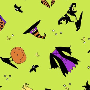 May include: A green background with a variety of Halloween themed illustrations including a witch's hat, a pumpkin, a crow, a bat, and a witch's robe.