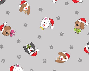 Yappy Christmas by Andover Fabrics - Silver - Dog Heads