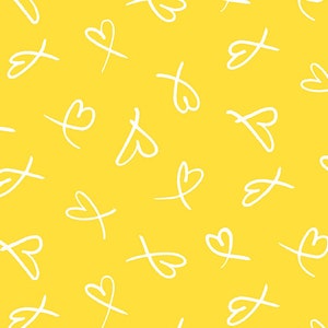 May include: A seamless pattern with white hand-drawn hearts on a bright yellow background.