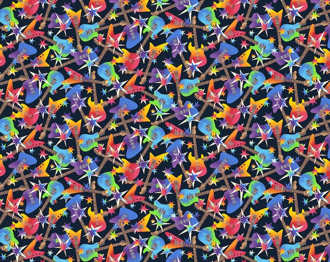 Mew-Sic Legends - Angie Rozelaar - StuidoE Fabrics - 7363-78 Dark Blue - Guitars