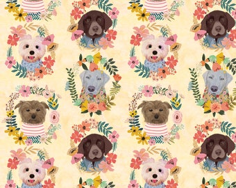 Floral Pets - Mia Charro - FreeSpirit Fabrics - Puppy Wreath - Yellow - PWMC052.XYELLO