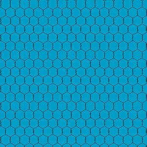 May include: A seamless pattern of a black wire mesh fence on a bright blue background.