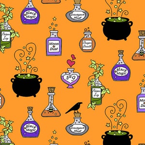 May include: A seamless pattern featuring various potion bottles with whimsical labels like "Black Magic", "Graveyard Mist", "Moon Dust", and "Dragon Breath".  The bottles are in shades of purple, green, and orange, and are surrounded by stars, hearts, and swirling smoke.  There are also two black cauldrons with green bubbling liquid.
