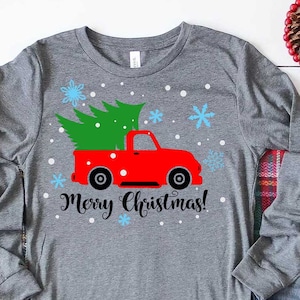Rote Pickup mit Baum Merry Christmas SVG, Weihnachten DXF, Weihnachtsschild Design, SVG Design Weihnachten Cut Dateien Cricut Cut Dateien, Cameo Cut