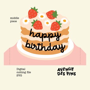 May include: A digital cutting file SVG featuring a layered cake design. The cake is decorated with strawberries and daisies, with the words "happy birthday" in black script. The design is on a pink background with the text "AVENUE DES PINS".