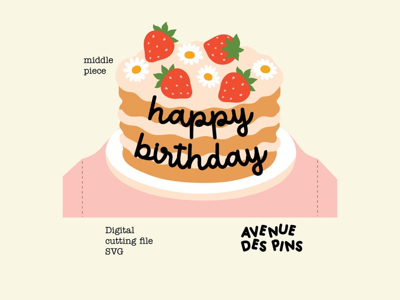 May include: A digital cutting file SVG featuring a layered cake design. The cake is decorated with strawberries and daisies, with the words "happy birthday" in black script. The design is on a pink background with the text "AVENUE DES PINS".