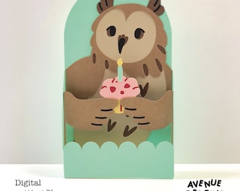 Birthday Pop-Up Card SVG - Owl with Cake - DIY Craft File