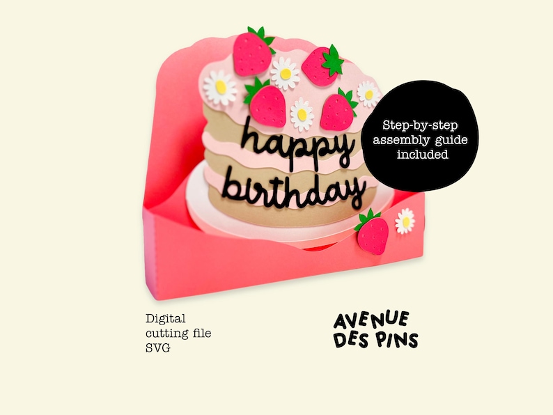 May include: A layered paper cake with pink frosting, strawberries, and daisies, with the words "happy birthday" in black script. The cake sits inside a pink card. Includes a step-by-step assembly guide. Digital cutting file SVG.