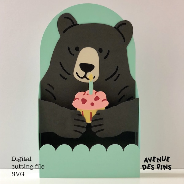 Birthday Pop-Up Card SVG - Bear with Cake - DIY Craft File