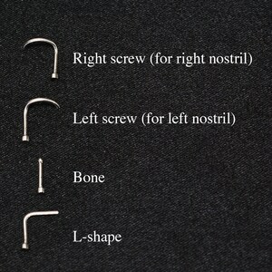 May include: Four different types of nose piercing jewelry: a right screw, a left screw, a straight bone, and an L-shape.