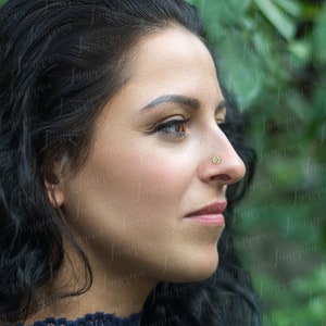 May include: A woman with dark hair is wearing a small gold nose ring with a turquoise stone in the center.