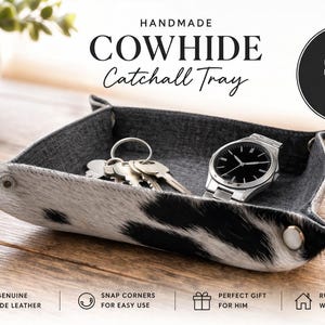 Cowhide Leather Catchall Tray – Handmade Snap Valet Tray – Desk Organizer – Western Decor – Gift for Him – Minimalist Leather Tray