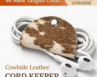 Cowhide Leather Cord Keeper | Cable Organizer Wrap | Travel Tech Holder