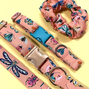 May include: Three pink dog collars featuring butterfly and insect designs. The collars have different buckle styles, including a turquoise plastic buckle and a gold metal buckle. A pink scrunchie with the same butterfly and insect pattern is also included.