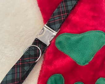 Green Tartan Plaid Dog Collar - red and green, holiday, christmas