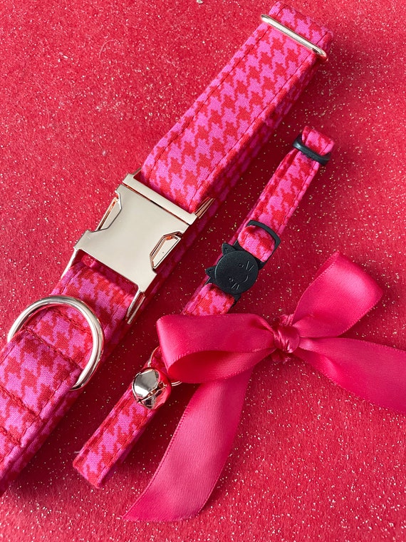 Red and Hot Pink Houndstooth Dog Collar - pink, red, valentines day collar, rose gold