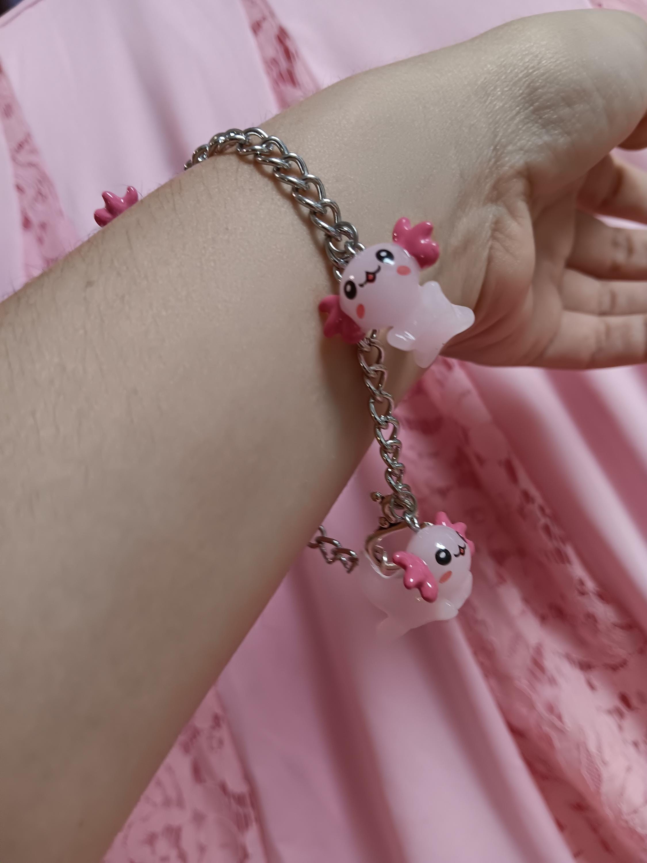 Bracciale Con Ciondolo Axolotl Regolabile Per Donna - Perline Rosa E Bianche, Carino E Originale - Regalo Con Biglietto Di Auguri Per Compleanno O Festa