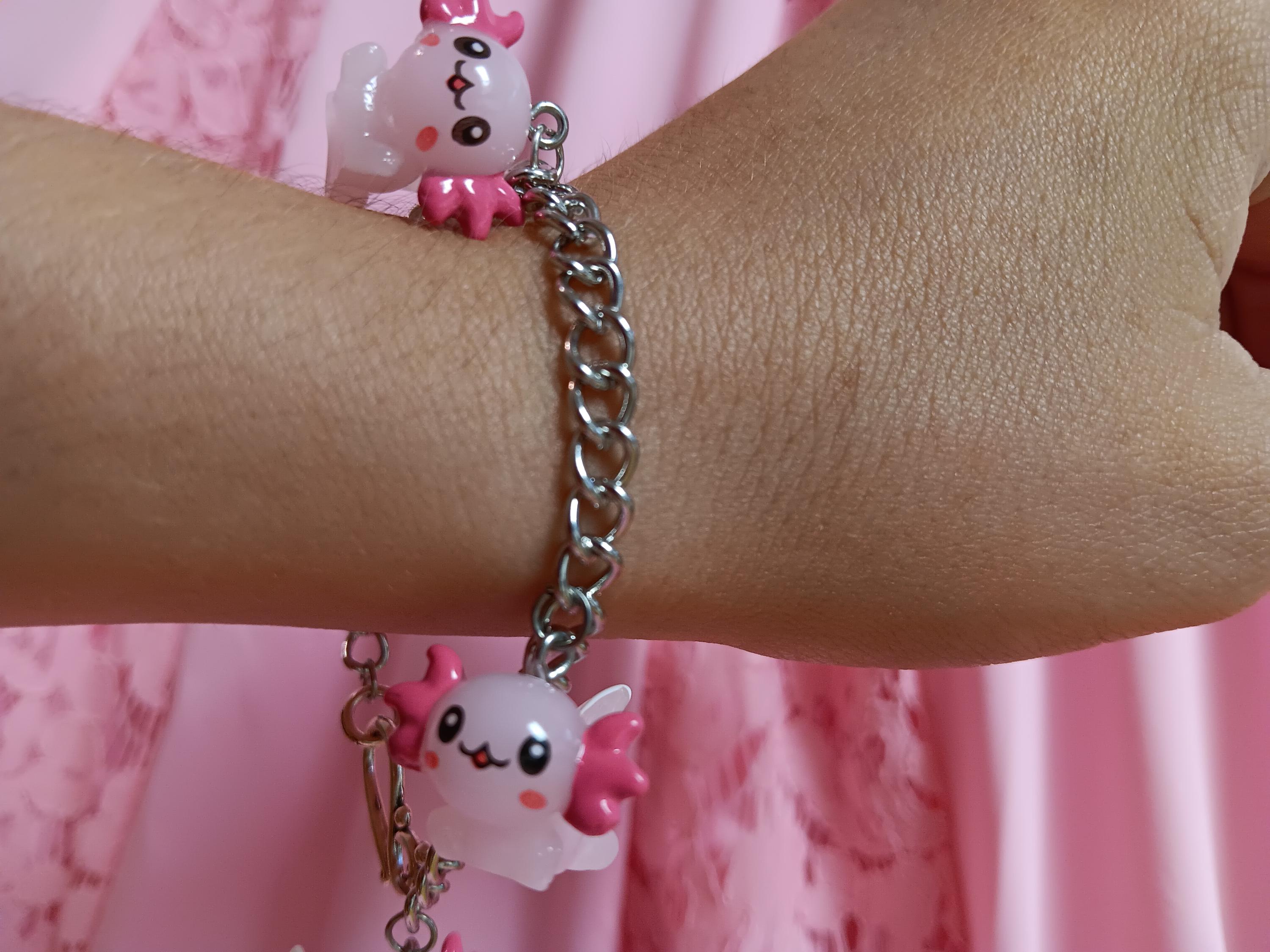 Bracciale Con Ciondolo Axolotl Regolabile Per Donna - Perline Rosa E Bianche, Carino E Originale - Regalo Con Biglietto Di Auguri Per Compleanno O Festa