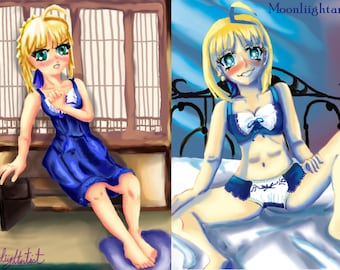Puede incluir: Una ilustración digital de un personaje de anime rubio en dos poses diferentes. En la primera pose, el personaje lleva un vestido azul y está sentado en un suelo de madera. En la segunda pose, el personaje lleva un conjunto de lencería azul y blanco y está sentado en una cama. La firma del artista, "Moonlightartist", es visible en la esquina inferior derecha de ambas imágenes.