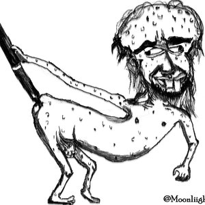 May include: Black and white line drawing of a grotesque, hairy, and spotted creature with a long, thin arm holding a stick.