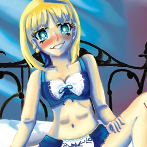 May include: A blonde anime character with blue eyes and pink cheeks is wearing a blue and white lace bra and matching underwear. She is sitting on a bed with a black metal headboard.